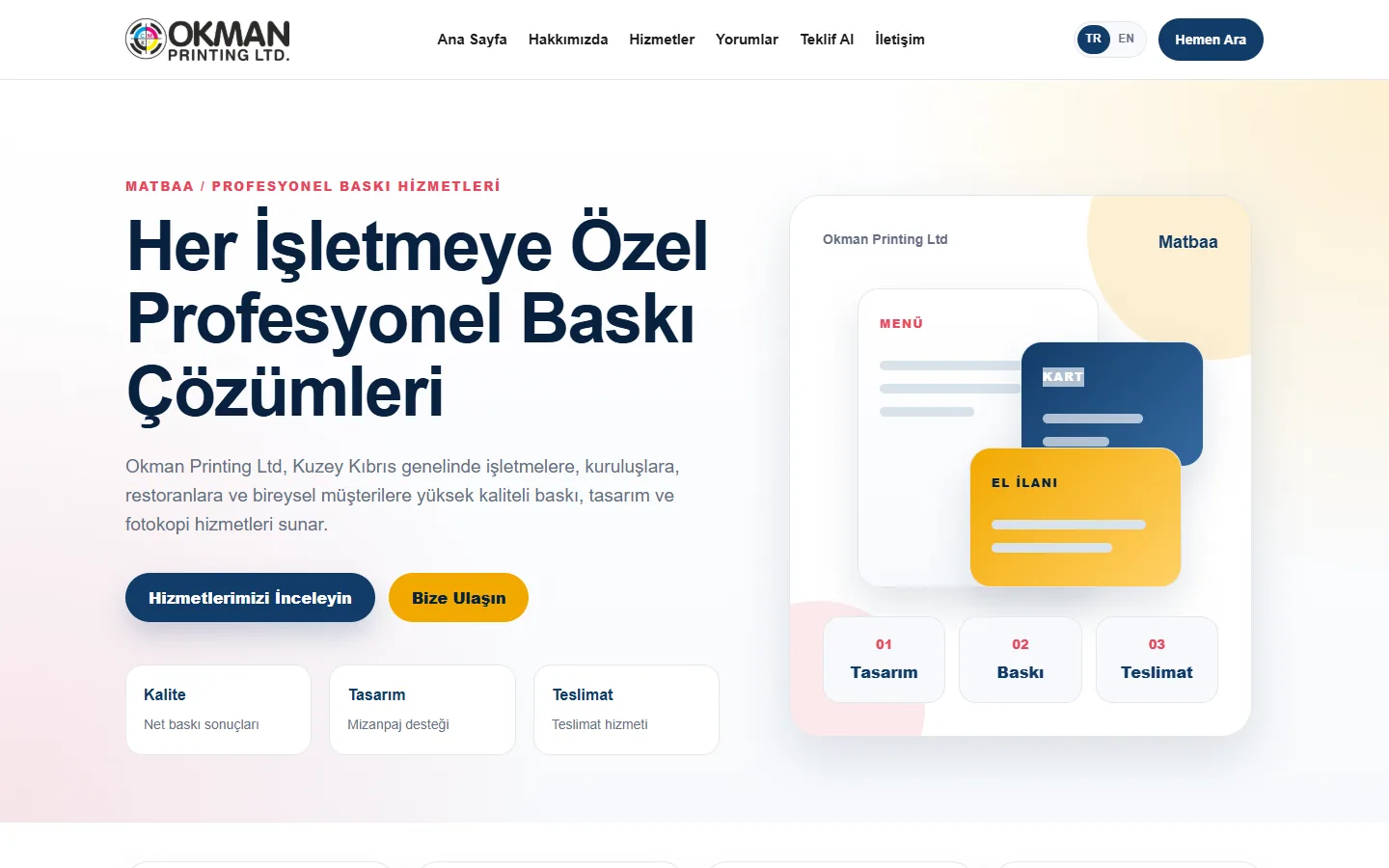 Okman Printing LTD homepage in Turkish, with the headline “Her İşletmeye Özel Profesyonel Baskı Çözümleri” and a TR/EN language switch