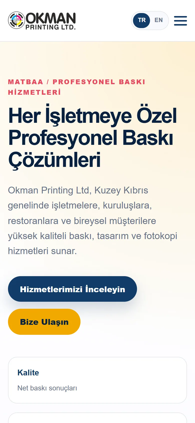 Okman Printing LTD homepage on a phone, in Turkish