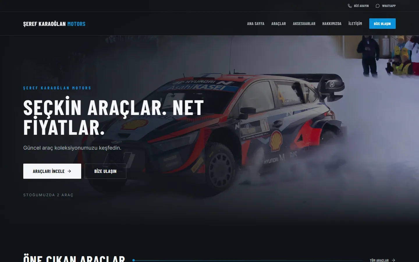 Şeref Karaoğlan Motors homepage with the headline “Seçkin araçlar. Net fiyatlar.” over a rally car photo