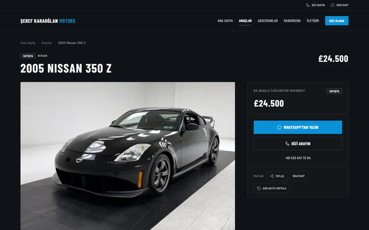 Vehicle detail page for a 2005 Nissan 350Z with price and WhatsApp and call buttons
