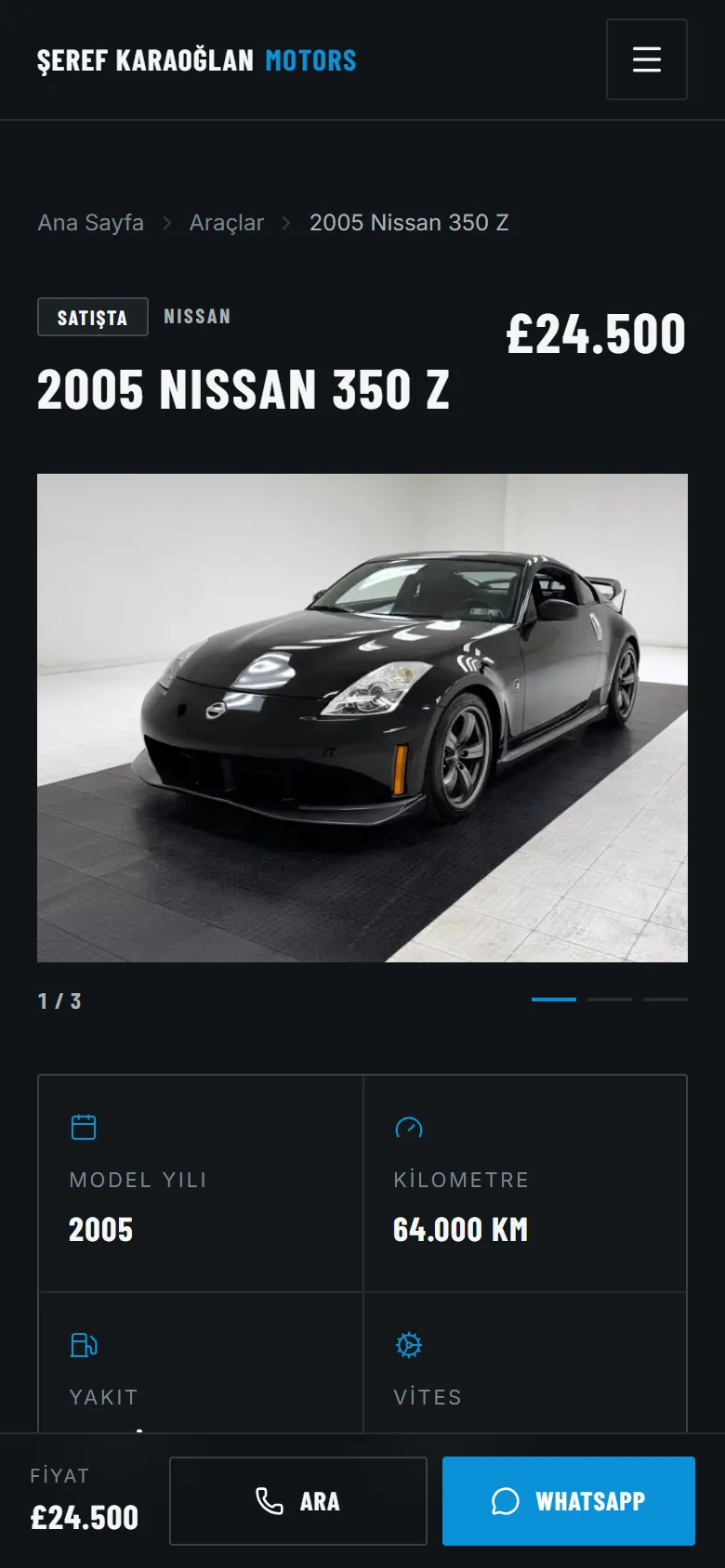 Vehicle detail page on a phone with a fixed bar showing the price, a call button and a WhatsApp button