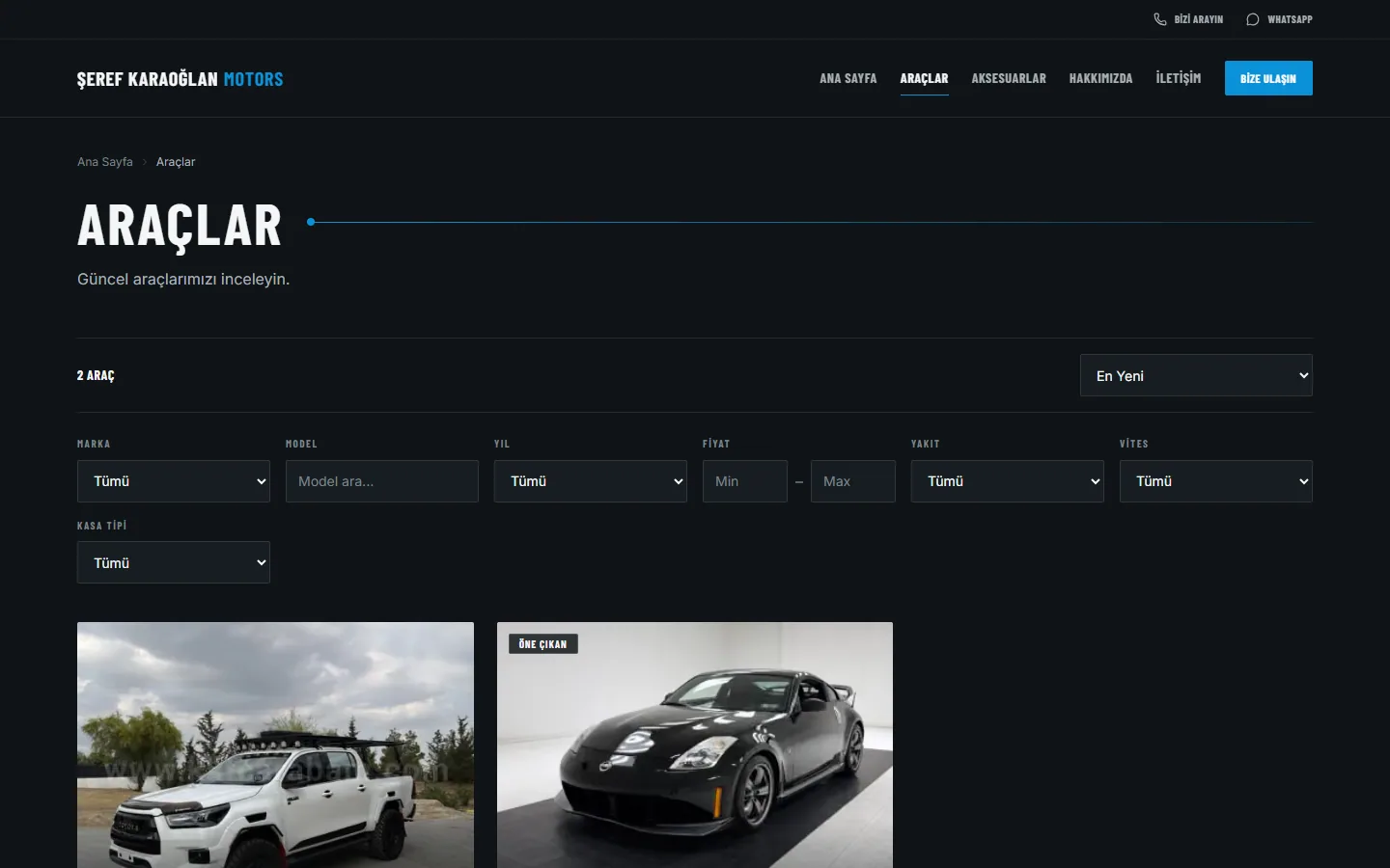 Vehicle listing page on desktop with filters for brand, model, year, price, fuel, transmission and body type