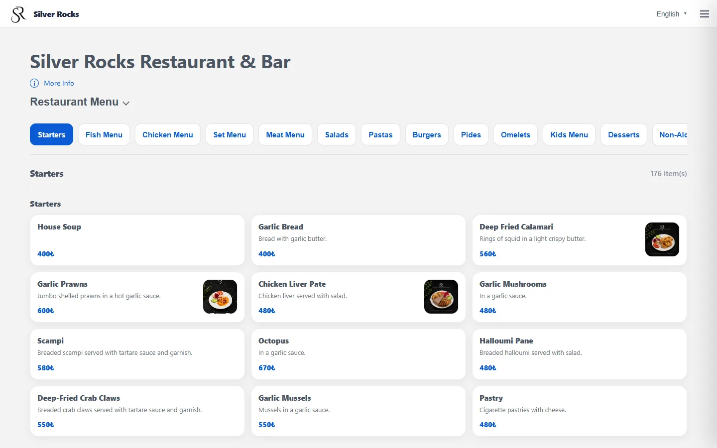 Silver Rocks restaurant menu on desktop with category buttons and a three-column item grid