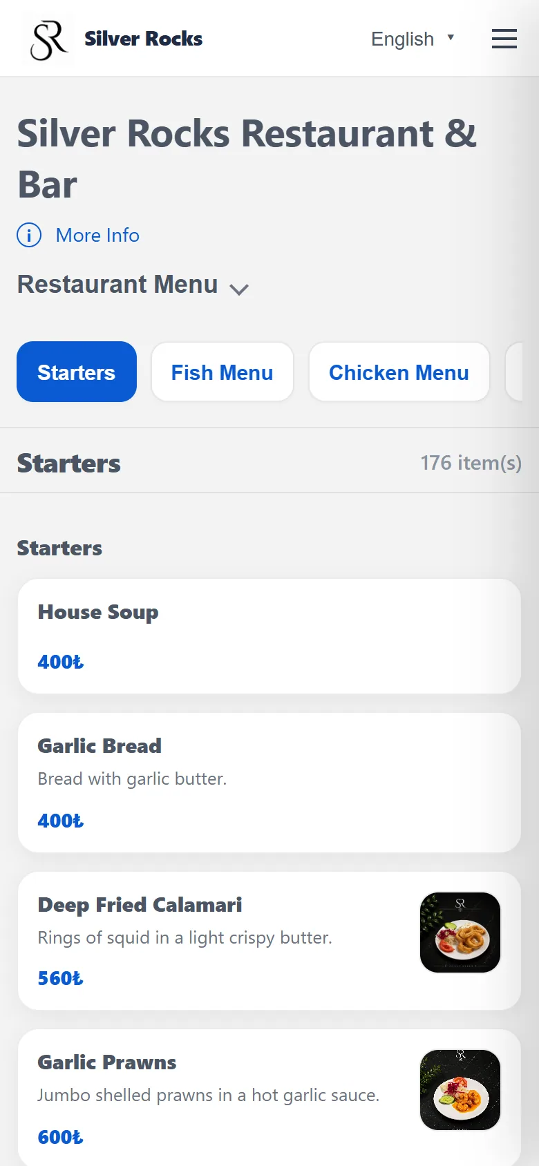 Silver Rocks restaurant menu in English on a phone, showing the Starters category with prices