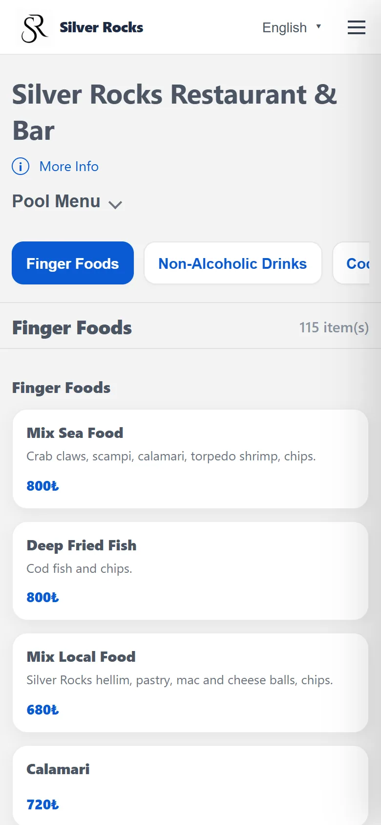 Silver Rocks pool menu on a phone