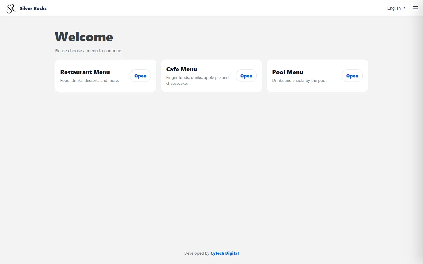 Silver Rocks welcome page with options for the restaurant, café and pool menus
